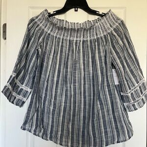 NWT Studio West Navy and White Striped 100% cotton Breezy Embroidered Blouse